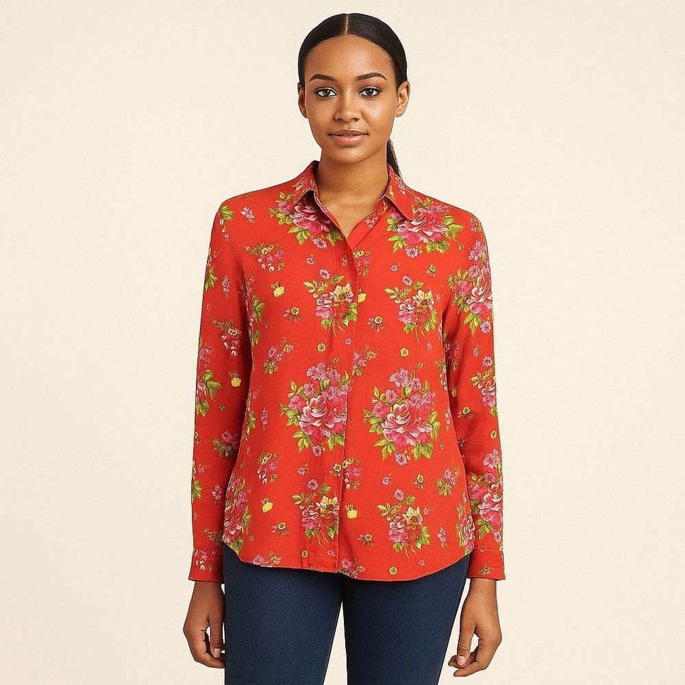& Other‎ Stories Red Floral Button Down Silk Blouse, Size 2